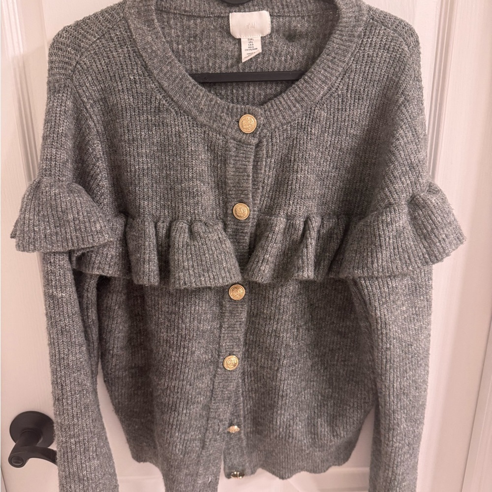 H&M Gray Ruffled Cardigan with Gold Buttons